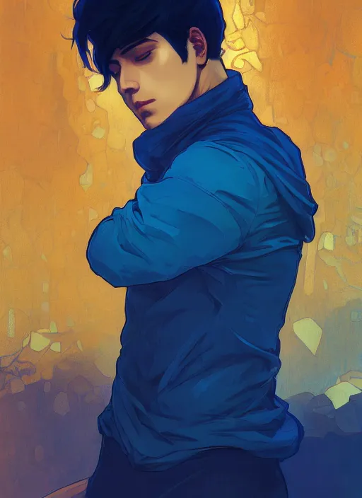 Image similar to handsome young man with short black hair, male, dressed in blue, looking down, half body shot, arms down, path traced, highly detailed, high quality, digital painting, posuka demizu, alphonse mucha, alena aenami