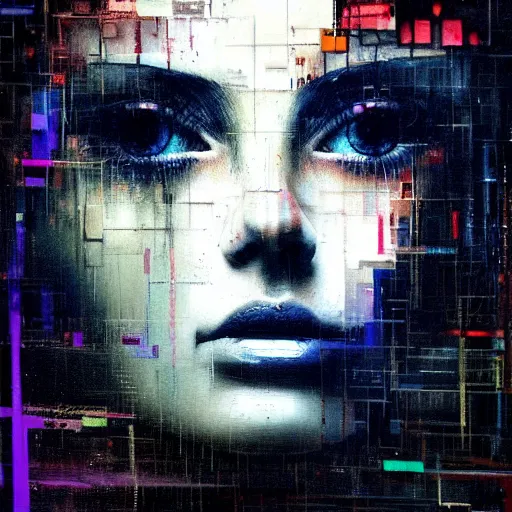 Prompt: hyperrealistic portrait of a young woman, by Guy Denning, by Johannes Itten, by Russ Mills, glitch art, hacking effects, digital tech effects, elite, powerful, cyberpunk, color blocking!, oil on canvas, intricate detail, concept art, abstract, detailed lines, clean, polished, symmetrical, octane, cgsociety, 8k, trending on artstation