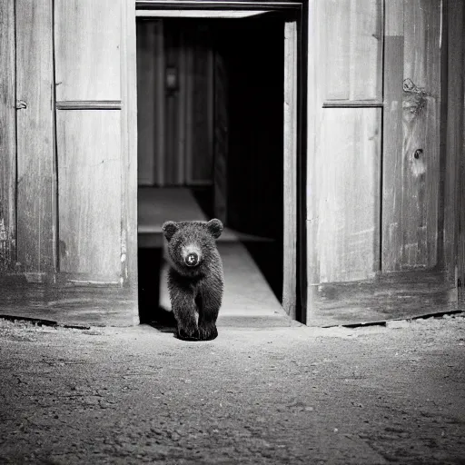 Image similar to dark photograph of a small bear mascot walking through a large wooden doorway