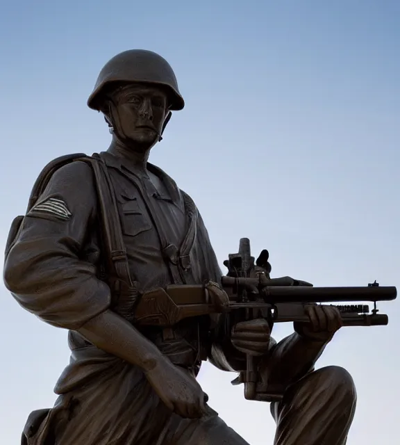 Image similar to a 4 k photorealistic photo wide shot of a bronze statue of an american soldier holding a rifle