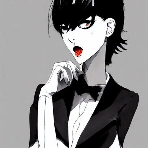 Image similar to slim beautiful killer girl in tuxedo with short black hair, elegant, 2d, ultra highly detailed, digital painting, smooth, sharp focus, artstation, black and white art by Tsutomu Nihei