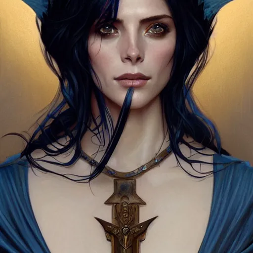 Image similar to Ashley Greene with dark blue hair as Joan of Arc, western, D&D, fantasy, intricate, elegant, highly detailed, digital painting, artstation, concept art, matte, sharp focus, illustration, art by Artgerm and Greg Rutkowski and Alphonse Mucha