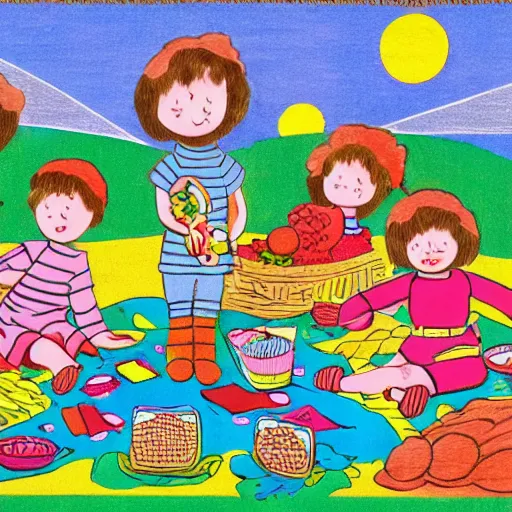 Prompt: Illustration for small children Called crowd of HAPPY small Children PICNIC ON THE Lunar Surface , in the style of Dorothy Brook, friendly colour scheme