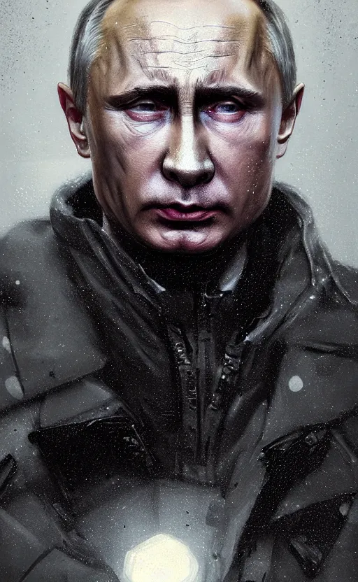 Image similar to detailed portrait of angry vladimir putin, volumetric light from below, merciless, cold, reflective military puffy coat with blood splats by ismail inceoglu dragan bibin hans thoma greg rutkowski alexandros pyromallis nekro rene maritte illustrated, perfect face, fine details, realistic shaded, fine - face, direct glaze