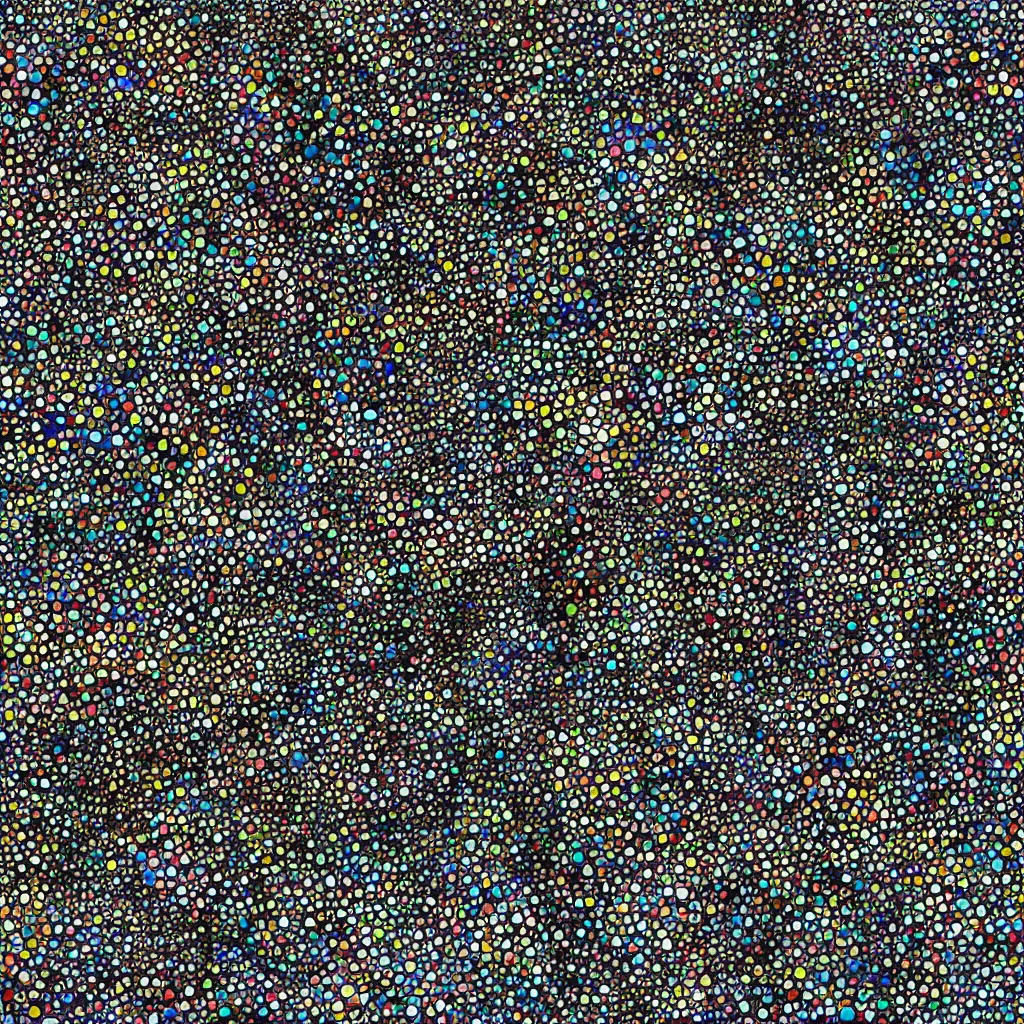 Prompt: camouflage made of love, style of takashi murakami, abstract, rei kawakubo artwork, cryptic, dots, stipple, lines, splotch, color tearing, pitch bending, color splotches, dark, ominous, eerie, minimal, points, technical, old painting