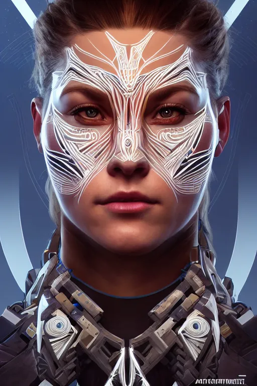 Image similar to symmetry!! portrait of amazing body fitness instructor in the style of horizon zero dawn, machine parts embedded into face, intricate, elegant, highly detailed, digital painting, artstation, concept art, smooth, sharp focus, illustration, art by artgerm and greg rutkowski and alphonse mucha, 8 k