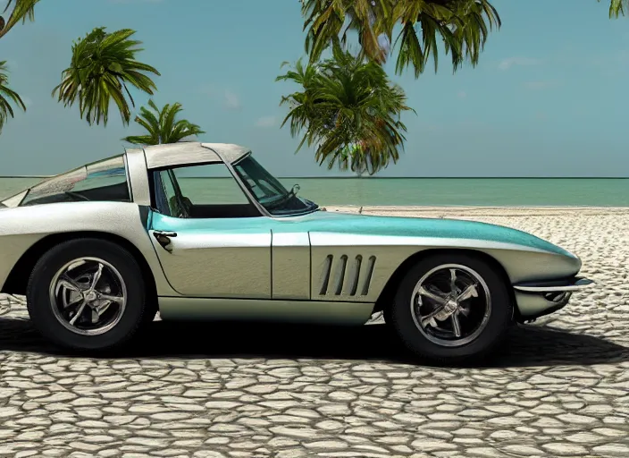 Prompt: hyperrealism, detailed textures, photorealistic 3 d render, a dreamy beach in cuba, a 1 9 6 4 split window corvette obsidian black, sharp focus, ultra realistic, ultra high pixel detail, cinematic, intricate, cinematic light, concept art, illustration, art station, unreal engine 8 k