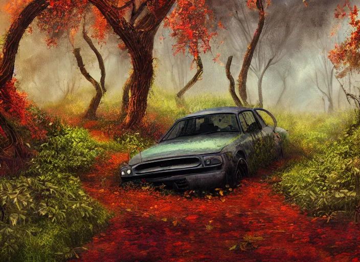 Prompt: A painting of an overgrown car in a forest, vines coming down from the tall trees, autumn, rocky ground, digital art, trending on Artstation, immaculate scale, amazing composition, detailed painting