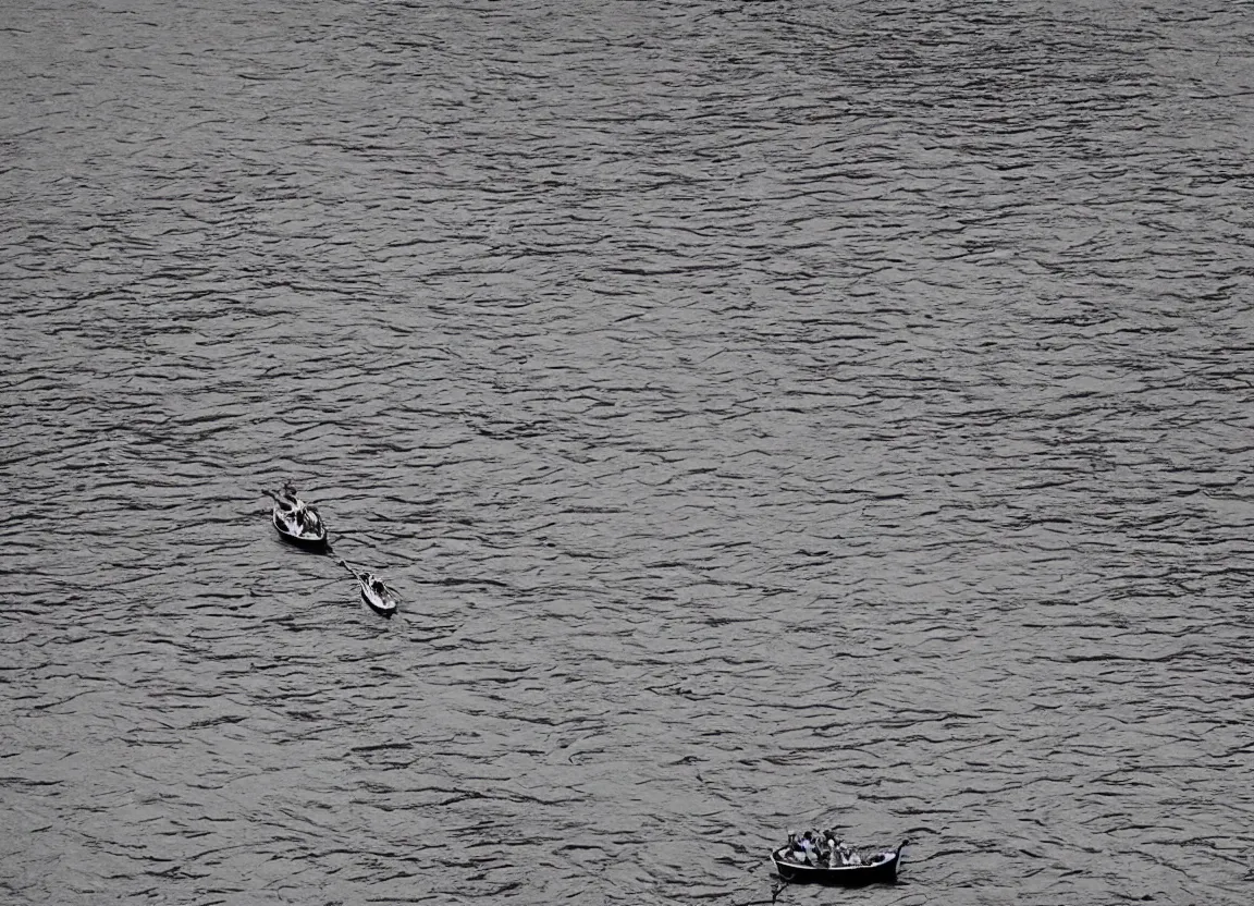 Image similar to river rafters floating down a river, minimalist line drawing, clean long lines, ultra detailed