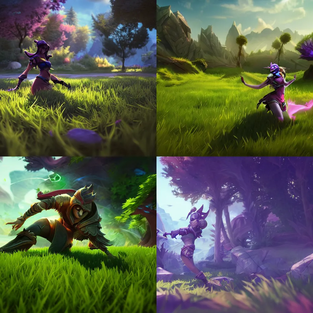 Prompt: league of legends player touching grass, picturesque, dramatic lighting, raytracing, 8 k uhd, unreal engine, octane render, award winning