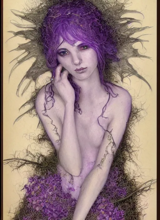 Image similar to portrait of young female sorceress of the endtimes, transluscent skin, lavender hair, beautiful! coherent! dungeons and dragons character, by brian froud, strong line, cool night color, high contrast