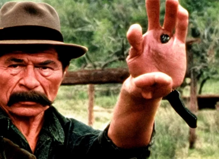 Image similar to film still of Charles Bronson pointing a pistol in the new City Slickers movie, 4k