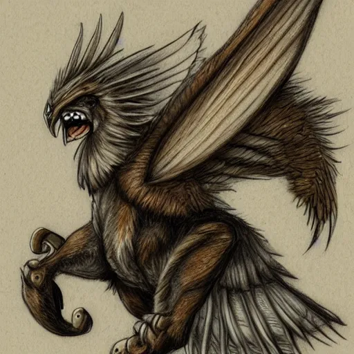 Prompt: a drawing of a gryphon with wings on its back, a color pencil sketch by yoshihiko wada, deviantart contest winner, fantasy art, steampunk, clockwork cross - section, concept art