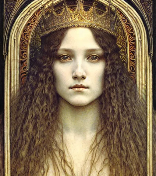 Image similar to detailed realistic beautiful young medieval queen face portrait by jean delville, gustave dore and marco mazzoni, art nouveau, symbolist, visionary, gothic, pre - raphaelite. horizontal symmetry