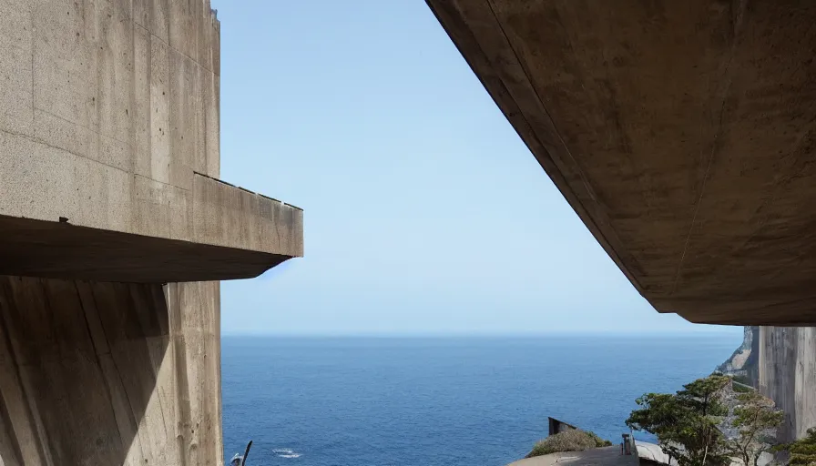 Image similar to big base brutalist perched on a cliff overlooking a magnificient bay, brutalism architecture on cliffs, drawing architecture, pritzker architecture prize, greig fraser