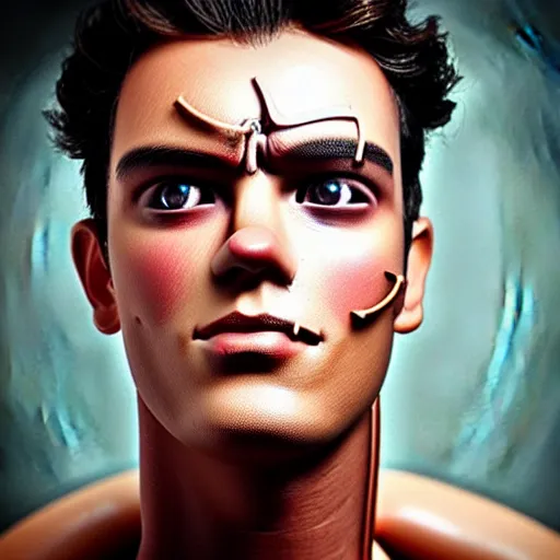 Image similar to “a realistic detailed photo of a guy who is the terminator robot, a cyborg consisting of living tissue over a robotic endoskeleton, who is a male android, Ethan Dolan, posing like a statue, blank stare”