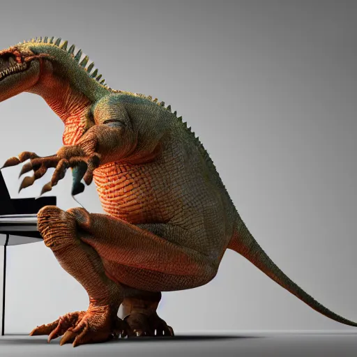 Image similar to human sitting in front of computer, but human is dinosaur, vray, 5 5 mm