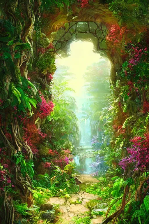 Prompt: digital painting of a secret garden through a doorway, concept art, artstation, vaporwave, nature, lush, greenery, fantasy, fantasy aesthetic, fantasy vibe, colorful, faded effect, artstation, trending, detailed, small details, scenery,