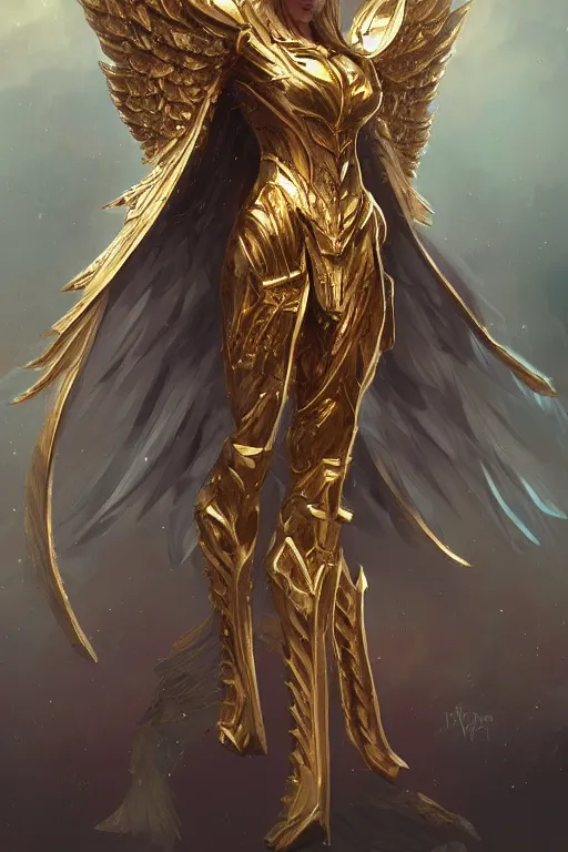 Image similar to grand mage in golden armor with intricate angelic wings, WLOP, concept art, digital painting, trending on artstation, highly detailed, 8k UHD, artgerm