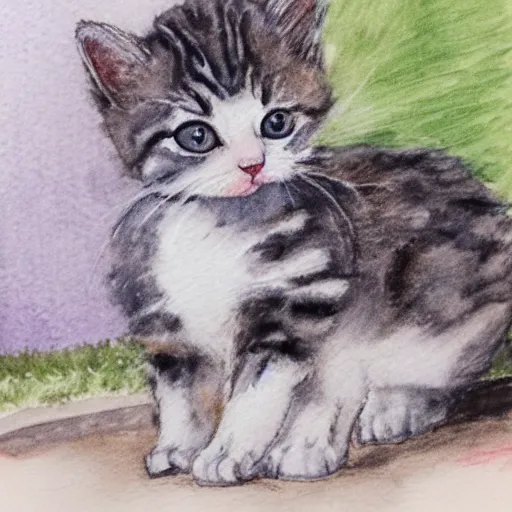 Prompt: pencil and watercolor of a kitten playing in the yard