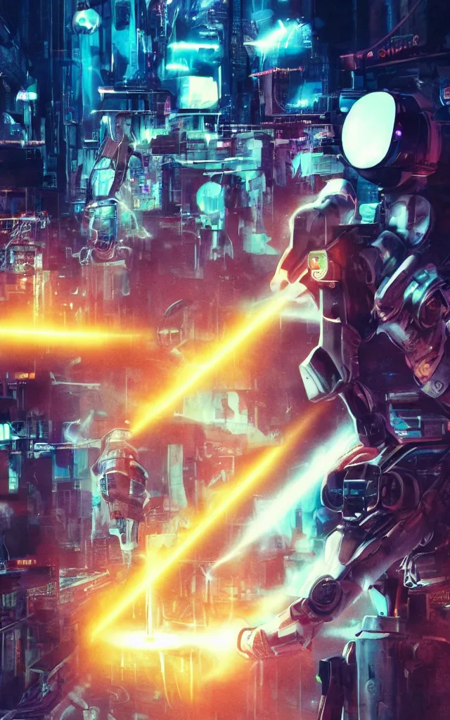 Image similar to Pope shooting bright lasers in front of robotic nuns, 80s, science fiction, cyberpunk, neon, low angle shot, cross, pope, movie poster, futuristic