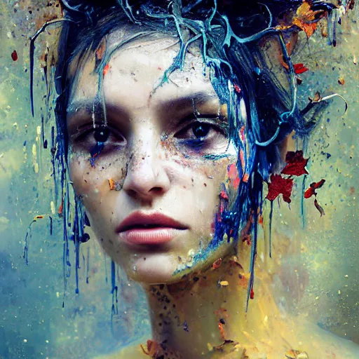 Prompt: portrait of beautiful female model by irakli nadar with intricate detailed color smashing fluid oil paint and acrylic, dried moss and dried autumn leaves headdress, half face mask, haunting, elite, elegant, melting wax, mycelia, abstract impressionism, ruan jia, dark fantasy, hyper detailed, concept art, by gustav klimt,