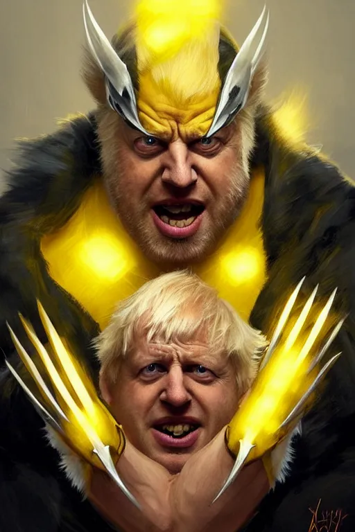 Image similar to Boris Johnson as calm but serious Wolverine, shining claws, yellow X-man costume, portrait, masculine figure, highly detailed, digital painting, artstation, concept art, smooth, sharp focus, illustration, cinematic lighting, art by artgerm and greg rutkowski and alphonse mucha