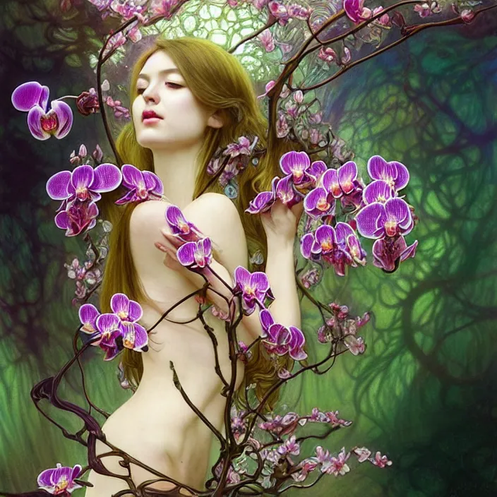 Image similar to psychedelic creature, orchid, cherry blossom tree, mushrooms, diffuse lighting, fantasy, intricate, elegant, highly detailed, lifelike, photorealistic, digital painting, artstation, illustration, concept art, smooth, sharp focus, art by John Collier and Albert Aublet and Krenz Cushart and Artem Demura and Alphonse Mucha and Giuseppe Arcimboldo