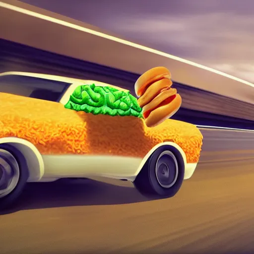 Image similar to Hyperrealistic ultradetailed digital art of Jesse Pinkman driving a car made out of a hamburger on a busy highway in Los Angeles, realistic, detailed lighting, cinematic, trending on artstation and 500px and behance