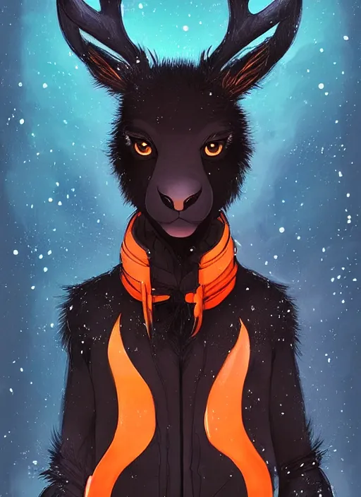 Prompt: award winning beautiful portrait commission of a male furry anthro Black Reindeer fursona with a tail, wings and a cute beautiful attractive detailed furry face wearing stylish black and orange galaxy clothes in a outerspace city at night while it rains. Character design by charlie bowater, ross tran, artgerm, and makoto shinkai, detailed, inked, western comic book art