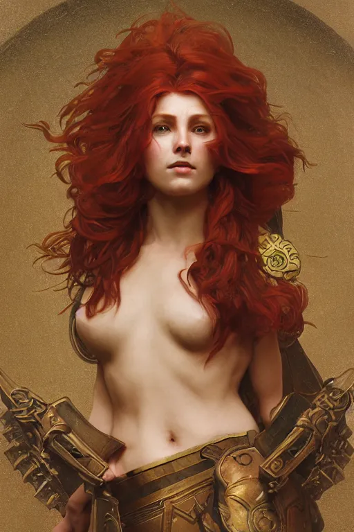 Image similar to face matte portrait of a red haired valkyry in a heroic pose and wearing thick bronze plate armo art by albert bierstadt, alphonse mucha, andreas rocha, greg rutkowski, sharp edges. ultra clear detailed. 8 k. elegant. octane render