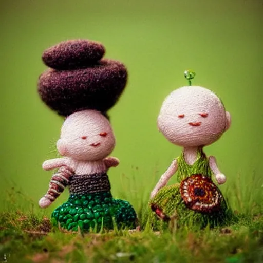 Prompt: a couple of small figurines sitting on top of a lush green field, a tilt shift photo by alexander jansson, featured on deviantart, fantasy art, made of beads and yarn, psychedelic, whimsical