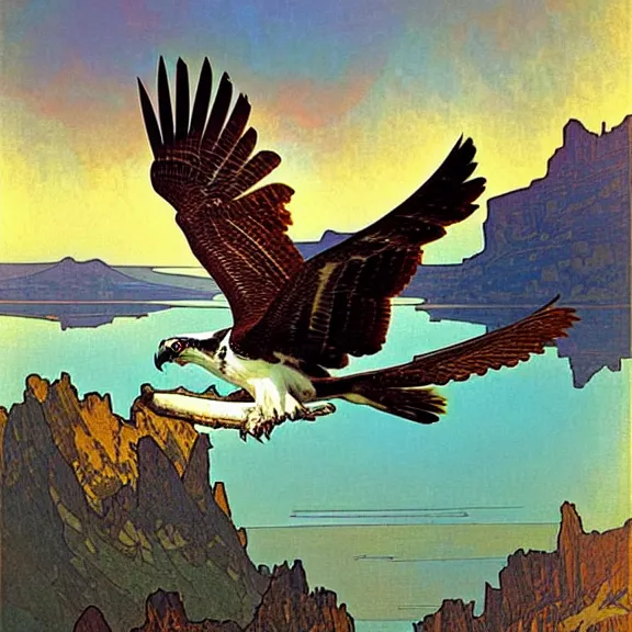 Prompt: an osprey in flight over a spectacular mountain lake at golden hour. art nouveau. surrealism. incredibly beautiful digital art. by alphonse mucha and julie dillon.