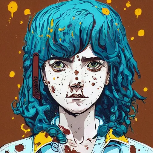 Image similar to Highly detailed portrait of a punk zombie young lady with freckles and brown curly hair hair by Atey Ghailan, by Loish, by Bryan Lee O'Malley, by Cliff Chiang, was inspired by image comics, inspired by scott pilgrim, inspired by graphic novel cover art !!!electric blue, brown, black, yellow and white color scheme ((grafitti tag brick wall background))