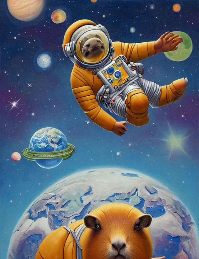 Image similar to beautiful detailed and adorable painting of a capybara astronaut in a spacesuit floating above earth by casey weldon by mark ryden by thomas blackshear, super cute, new contemporary, pop surrealism, oil painting