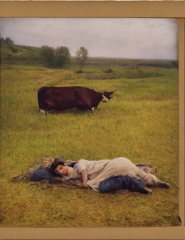 Image similar to peasant girl laying on a cow on a farm, cottage core, polaroid photo bleached vintage pastel colors high - key lighting, soft lights, foggy, by steve hanks, by lisa yuskavage, by serov valentin, by tarkovsky, 8 k render, detailed, oil on canvas