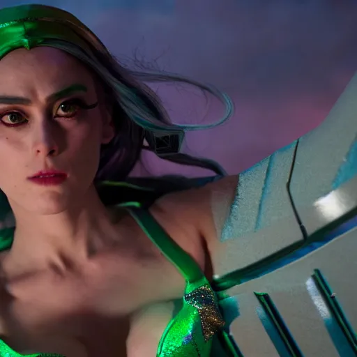 Image similar to cinematic scene with keira nightly as jolyne from jojo's bizarre adventure, live action film, stone ocean, dramatic, small details, volumetric lighting, still frame