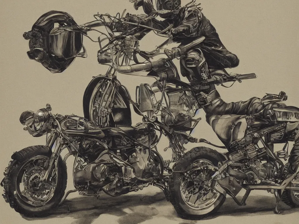 Image similar to ( ( ( ( ( motorcycle concept art, cafe racer, scrambler, 1 9 6 0 s, 1 9 7 0 s ) ) ) ) ) by jerome podwil and davis meltzer!!!!!!!