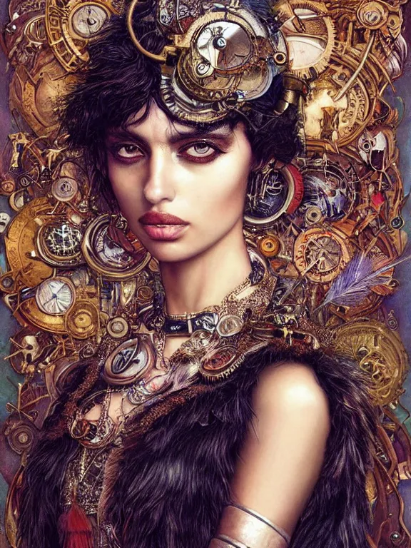 Image similar to a steampunk portrait of Irina Shayk,embellished sequined,feather-adorned,by tom bagshaw,Cedric Peyravernay,Peter Mohrbacher,William Holman Hunt,William Morris,Catherine Nolin,metropolis,Gucci,Dior,trending on pinterest,maximalist,glittering,feminine