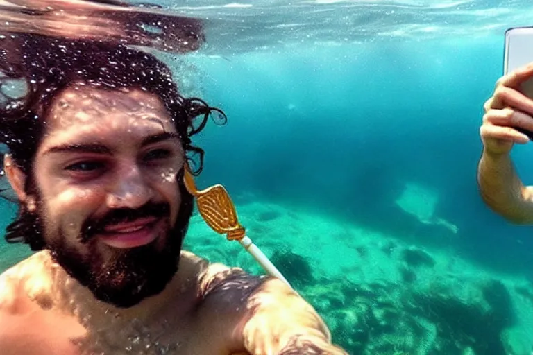 Image similar to greek god poseidon taking a selfie of himself underwater holding a go pro look king confused holding his trident