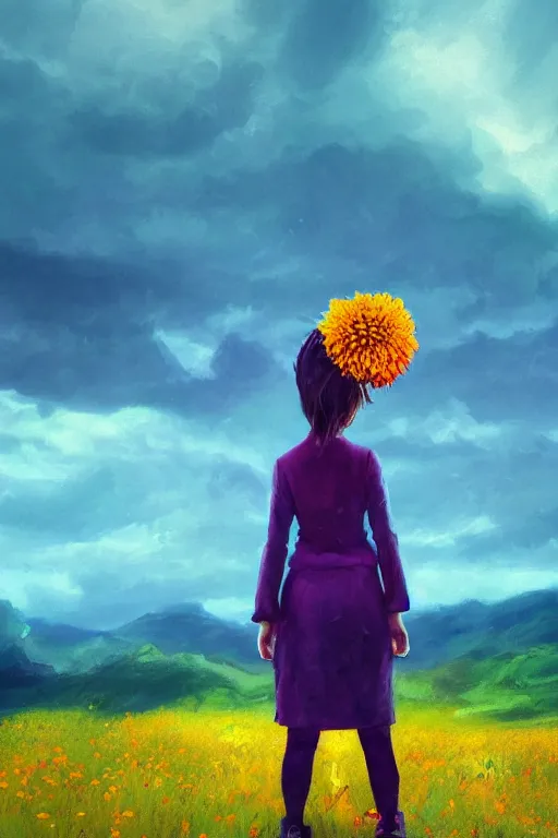 Image similar to closeup giant dahlia flower over the head, girl standing on mountain, surreal photography, blue storm clouds, dramatic light, impressionist painting, digital painting, artstation, simon stalenhag