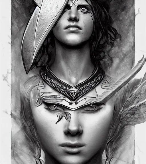 Image similar to beautiful aphrodite goddess wearing an arrow on her head, realistic face, beautiful eyes, black and white drawing, in the style of greg rutkowski, fantasy, amazing detail, epic, intricate, elegant, smooth, sharp focus