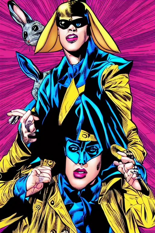 Image similar to Portrait of singer Bad Bunny, face transforming in a Rabbit, DC Comics, digital illustration by George Perez and Jim Lee