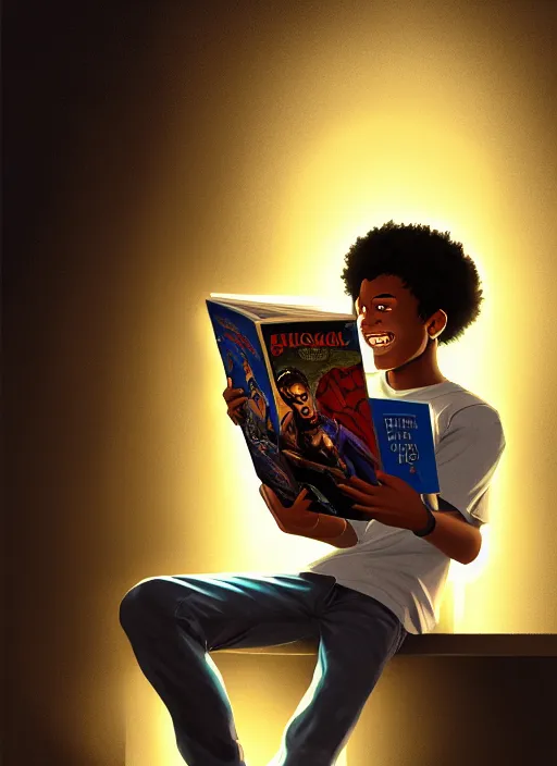 Image similar to portrait of teenage chuck clayton, black teenage boy, short curly hair, short hair square jaw, slight excited smile, reading a comic book, intricate, elegant, glowing lights, highly detailed, digital painting, artstation, concept art, smooth, sharp focus, illustration, art by wlop, mars ravelo and greg rutkowski