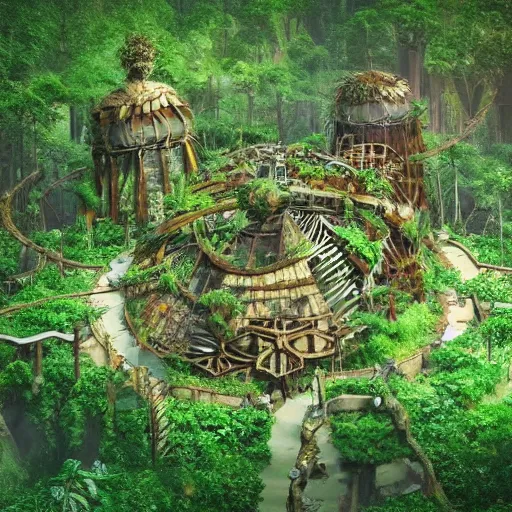 Prompt: A tribal village inside a clockwork dome, detailed and fully realized immersive dystopian verdant reclamation or natural ways, realistic, natural rusted technology