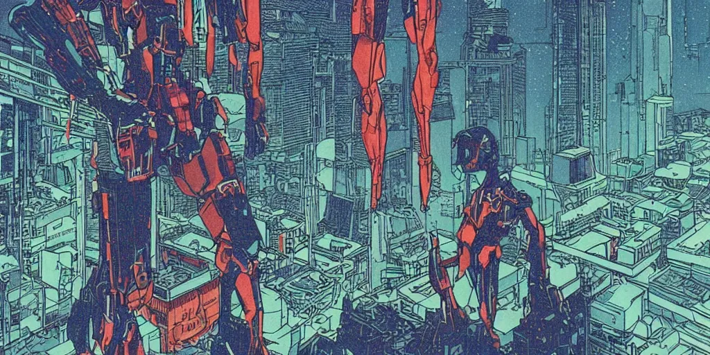 Prompt: a close - up grainy risograph of cyberpunk evangelion like giant mecha, transparent details, blue hour, twilight, by moebius and lehr paul