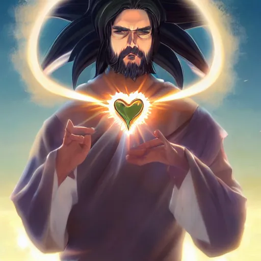 Prompt: Jesus christ transforming in super Saiyan holding the a shiny Sacred Heart , by Stanley Artgerm Lau, WLOP, Rossdraws, James Jean, Andrei Riabovitchev, Marc Simonetti, Yoshitaka Amano, ArtStation, CGSociety,