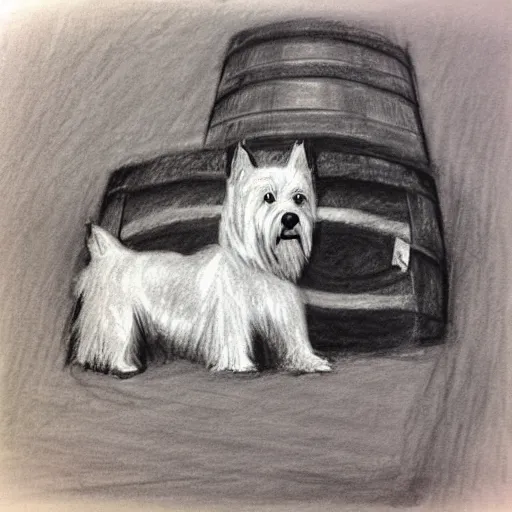 Prompt: charcoal sketch of a westie sitting next to a wine barrel