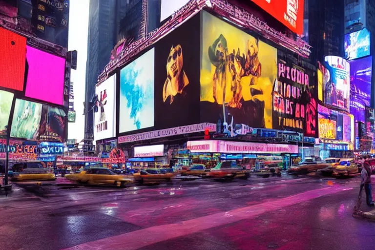 Prompt: a billboard on times square at night, screen show concert poster, band name is tripmachine, on the screen is a 3 d render of a huge futuristic steampunk generator, wet street, realistic digital art, 8 k, fluorescent colors, halluzinogenic, multicolored, exaggerated detailed, unreal engine, 8 0 mm