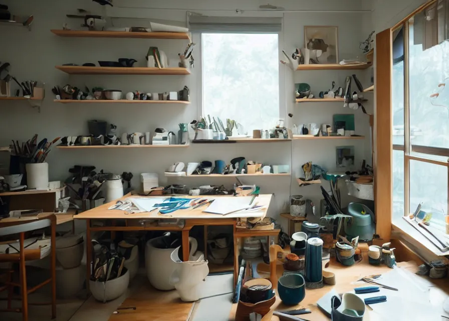 Image similar to interior of an art studio room with ceramics on shelves and tools on desks and trees outside the window, makoto shinkai, dusty